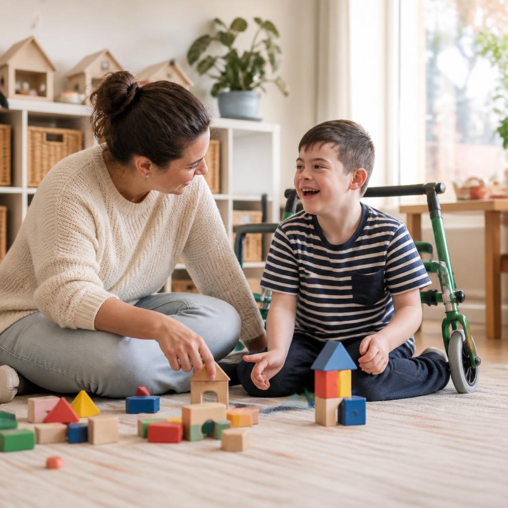 A caregiver playing with a smiling child who uses a walker in a bright home playroom