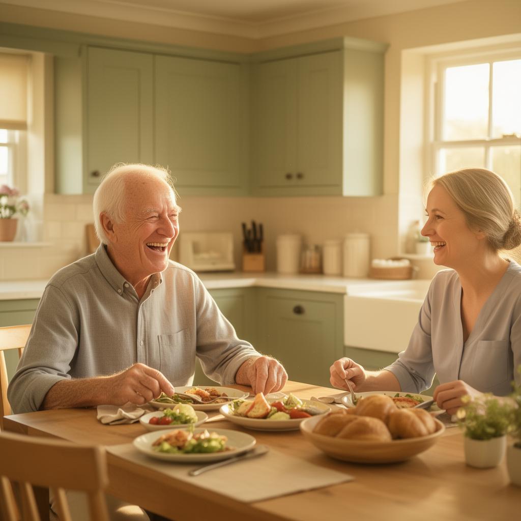 An elderly man laughing with his caregiver during a meal at a bright kitchen table