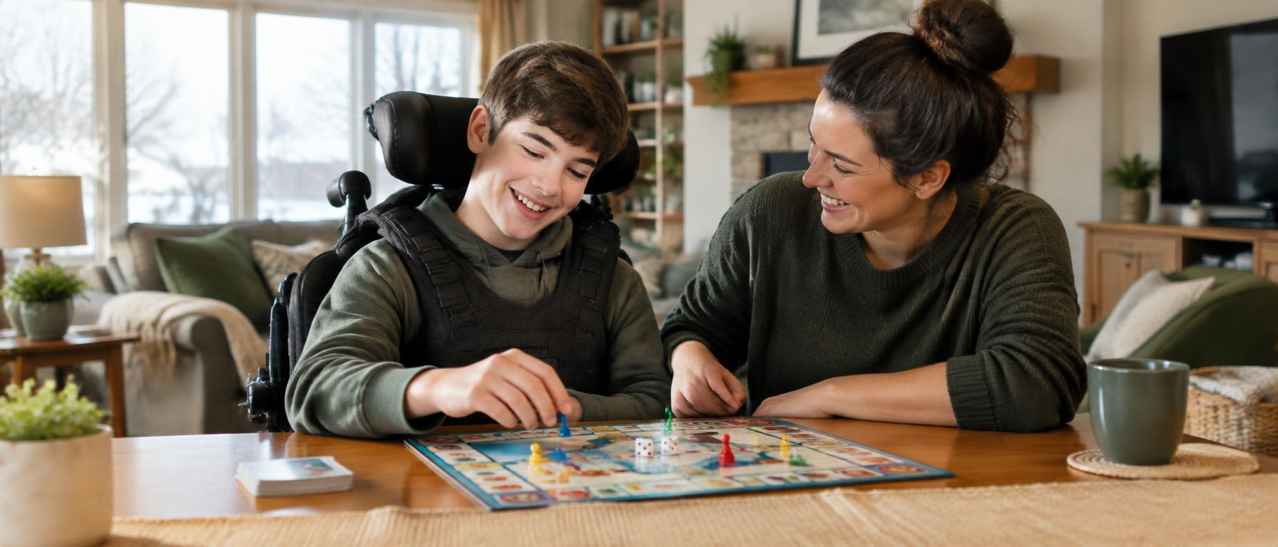 A teenage boy using a wheelchair smiling while playing a board game at home with his caregiver
